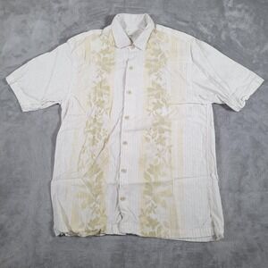 Tommy Bahama Shirt Mens Large White Beige Floral Hawaiian Button‎ Up Embroidered